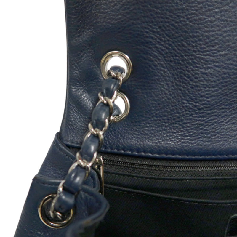 CHANEL Quilted Blue Calfskin Leather Flap Chain Crossbody Bag With Silver Hardware