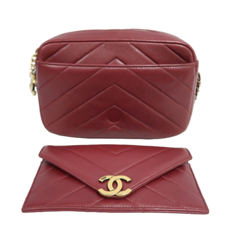 CHANEL Chevron V-stitch Red Calfskin Leather Flap Chain Crossbody Bag With Gold Hardware
