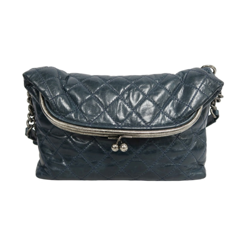 CHANEL Classic Matelasse Aged Calfskin Navy Blue Waxed Leather Quilted Kiss-lock Chain Shoulder Bag With Silver Hardware