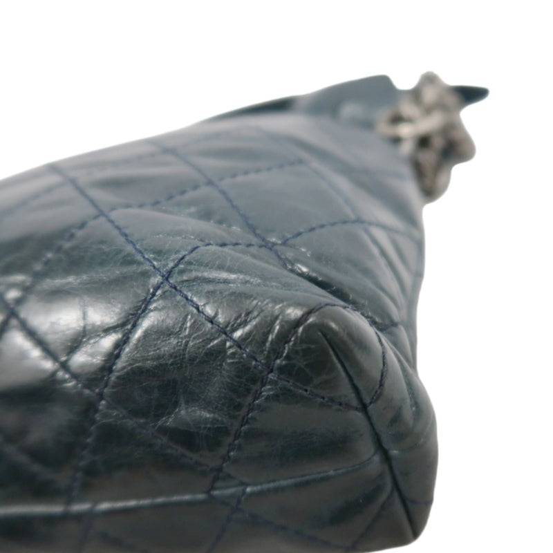CHANEL Classic Matelasse Aged Calfskin Navy Blue Waxed Leather Quilted Kiss-lock Chain Shoulder Bag With Silver Hardware