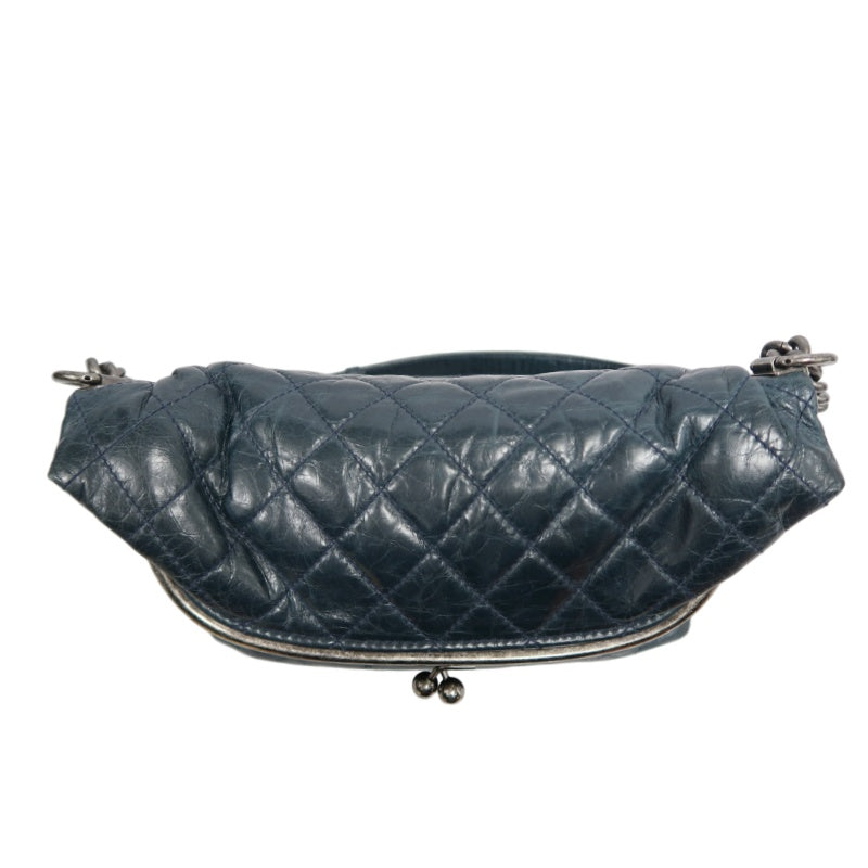 CHANEL Classic Matelasse Aged Calfskin Navy Blue Waxed Leather Quilted Kiss-lock Chain Shoulder Bag With Silver Hardware