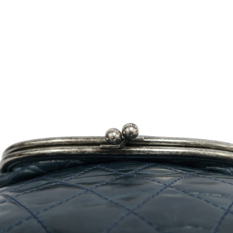 CHANEL Classic Matelasse Aged Calfskin Navy Blue Waxed Leather Quilted Kiss-lock Chain Shoulder Bag With Silver Hardware