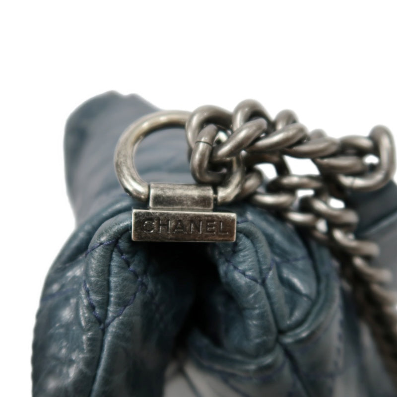 CHANEL Classic Matelasse Aged Calfskin Navy Blue Waxed Leather Quilted Kiss-lock Chain Shoulder Bag With Silver Hardware