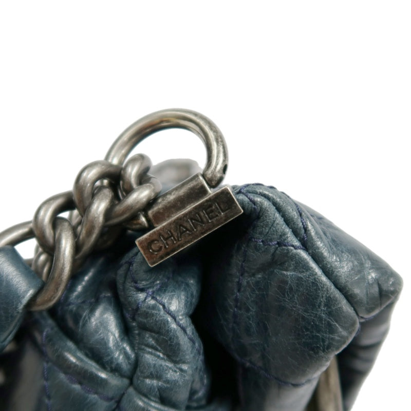 CHANEL Classic Matelasse Aged Calfskin Navy Blue Waxed Leather Quilted Kiss-lock Chain Shoulder Bag With Silver Hardware