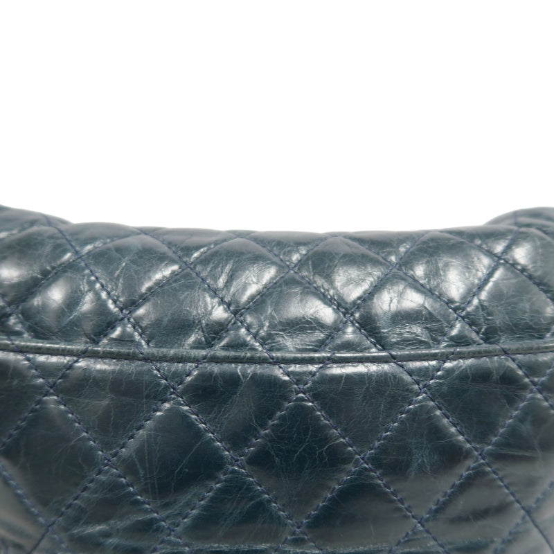 CHANEL Classic Matelasse Aged Calfskin Navy Blue Waxed Leather Quilted Kiss-lock Chain Shoulder Bag With Silver Hardware