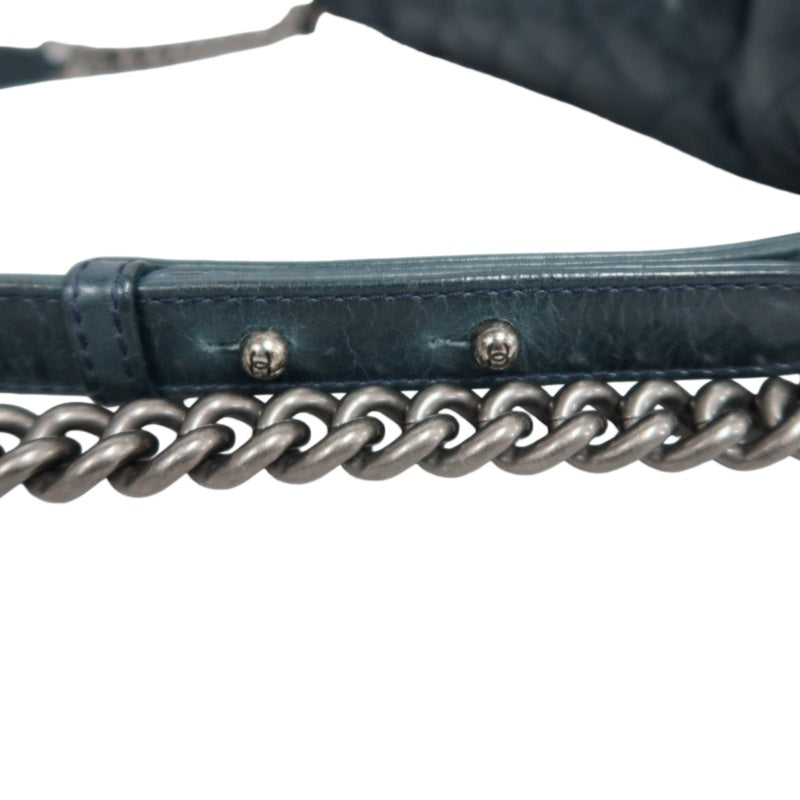 CHANEL Classic Matelasse Aged Calfskin Navy Blue Waxed Leather Quilted Kiss-lock Chain Shoulder Bag With Silver Hardware