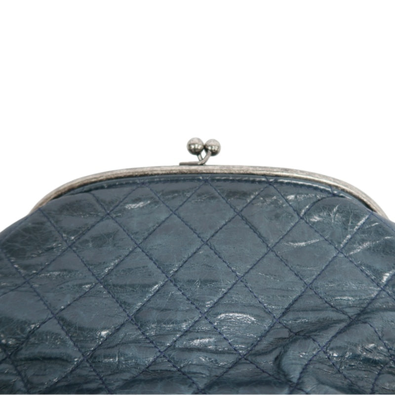 CHANEL Classic Matelasse Aged Calfskin Navy Blue Waxed Leather Quilted Kiss-lock Chain Shoulder Bag With Silver Hardware
