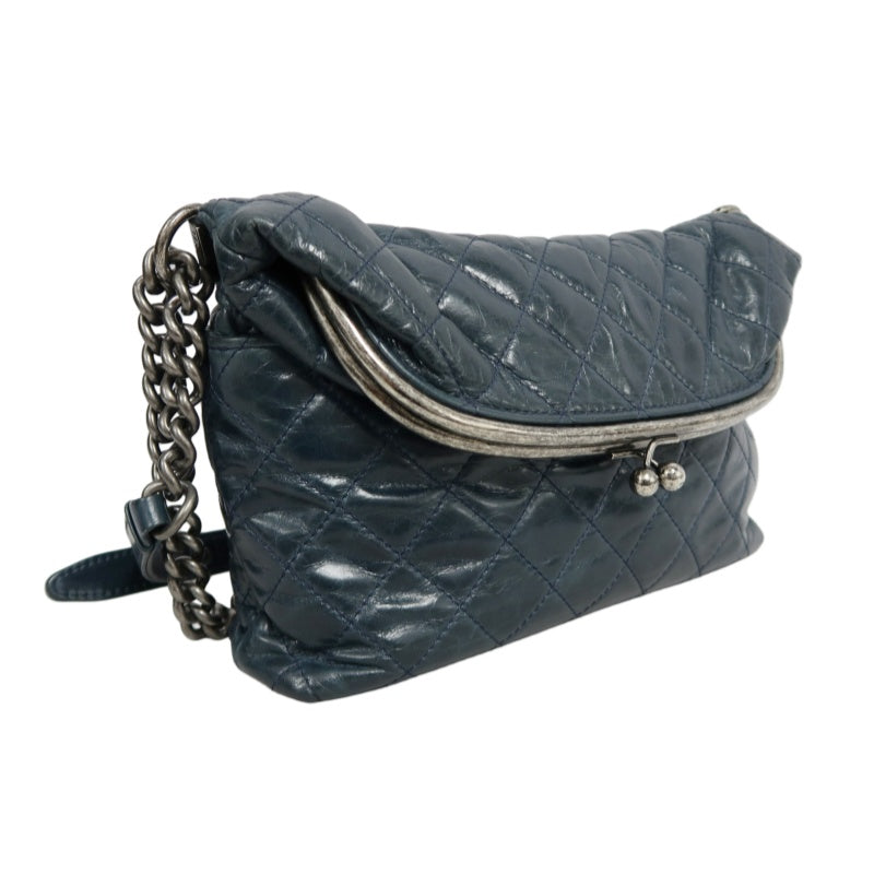 CHANEL Classic Matelasse Aged Calfskin Navy Blue Waxed Leather Quilted Kiss-lock Chain Shoulder Bag With Silver Hardware