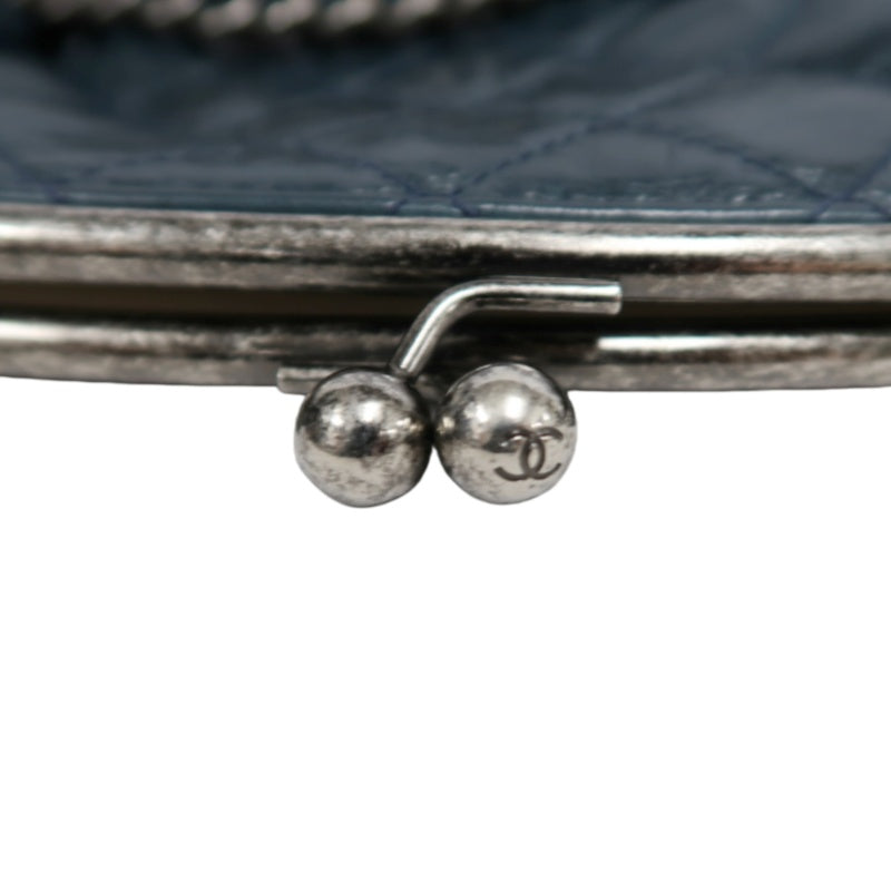 CHANEL Classic Matelasse Aged Calfskin Navy Blue Waxed Leather Quilted Kiss-lock Chain Shoulder Bag With Silver Hardware