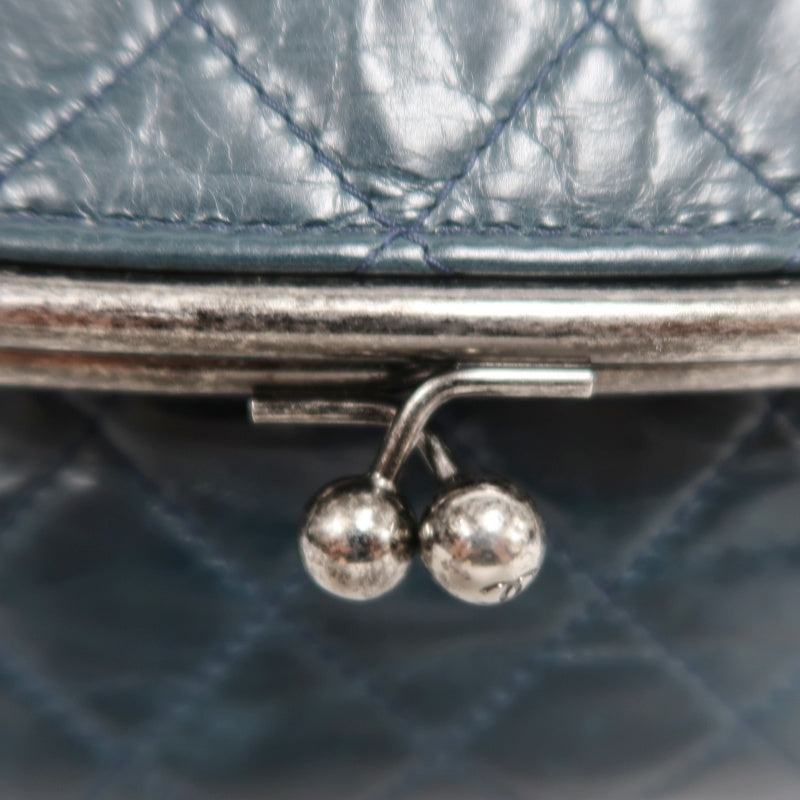 CHANEL Classic Matelasse Aged Calfskin Navy Blue Waxed Leather Quilted Kiss-lock Chain Shoulder Bag With Silver Hardware