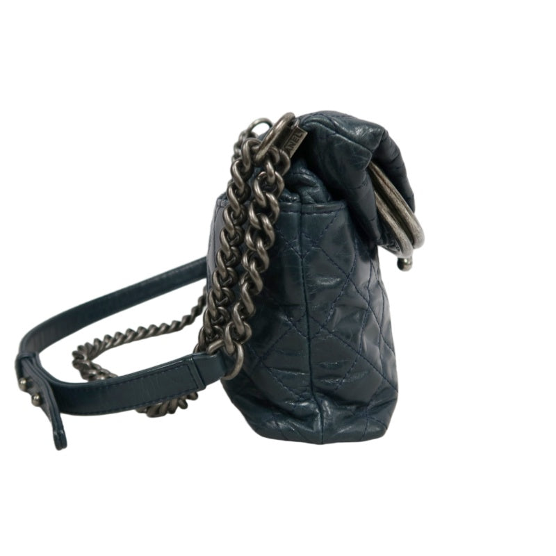 CHANEL Classic Matelasse Aged Calfskin Navy Blue Waxed Leather Quilted Kiss-lock Chain Shoulder Bag With Silver Hardware