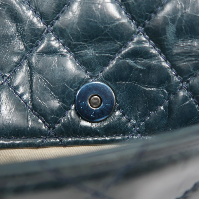 CHANEL Classic Matelasse Aged Calfskin Navy Blue Waxed Leather Quilted Kiss-lock Chain Shoulder Bag With Silver Hardware