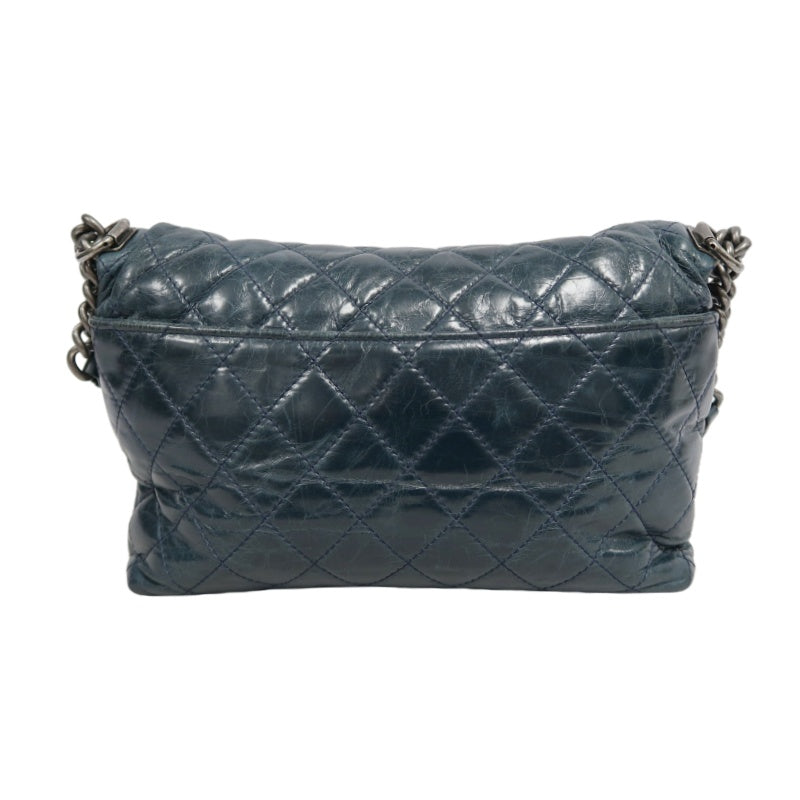 CHANEL Classic Matelasse Aged Calfskin Navy Blue Waxed Leather Quilted Kiss-lock Chain Shoulder Bag With Silver Hardware