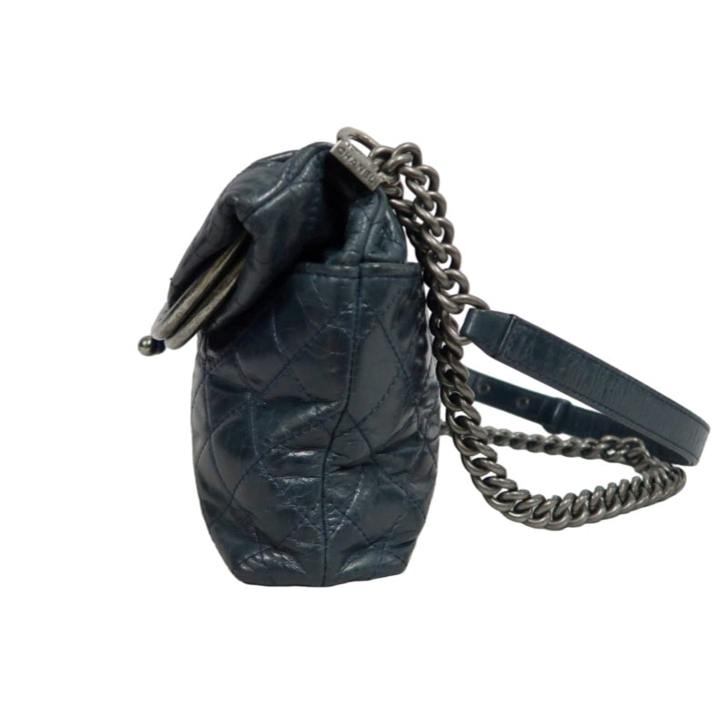 CHANEL Classic Matelasse Aged Calfskin Navy Blue Waxed Leather Quilted Kiss-lock Chain Shoulder Bag With Silver Hardware