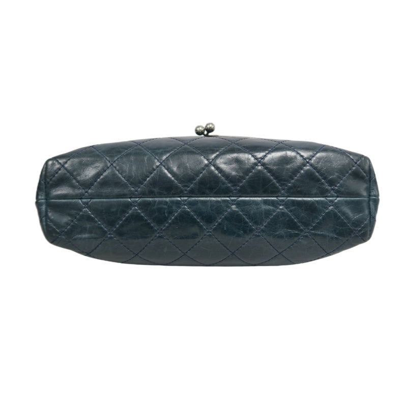 CHANEL Classic Matelasse Aged Calfskin Navy Blue Waxed Leather Quilted Kiss-lock Chain Shoulder Bag With Silver Hardware