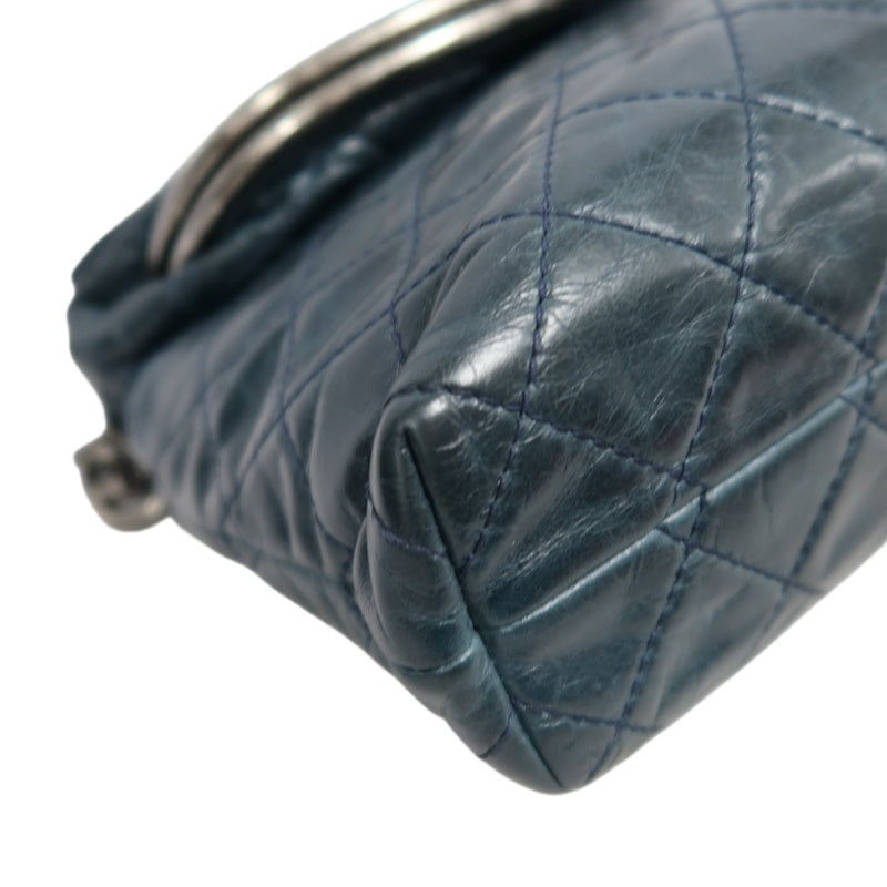 CHANEL Classic Matelasse Aged Calfskin Navy Blue Waxed Leather Quilted Kiss-lock Chain Shoulder Bag With Silver Hardware