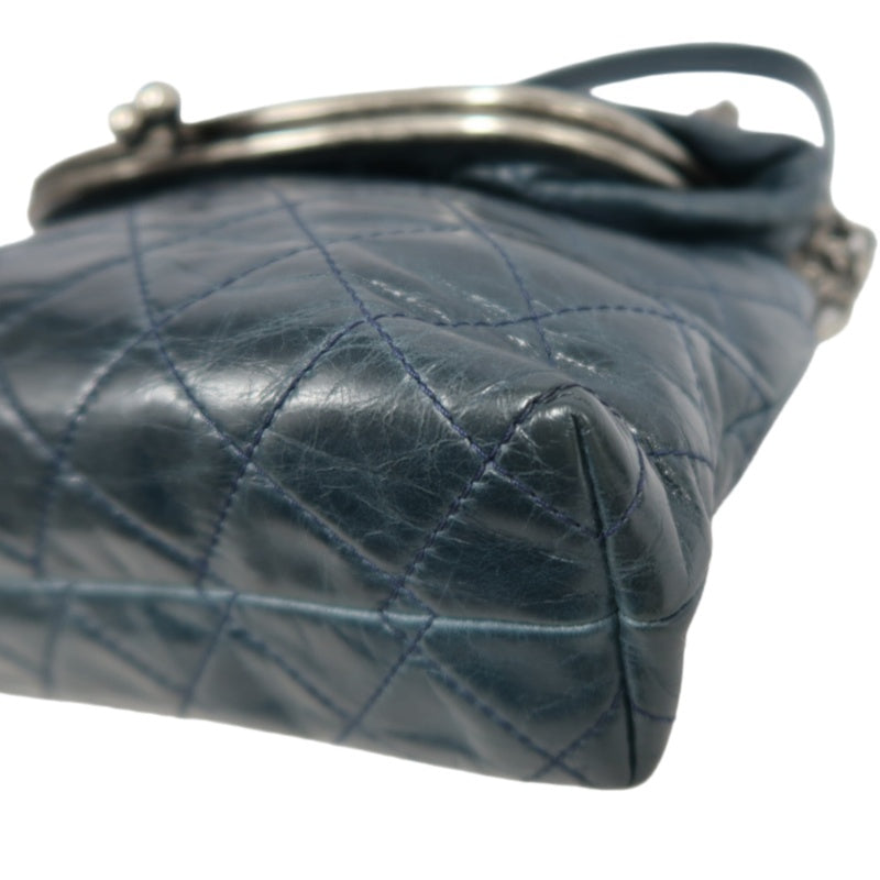 CHANEL Classic Matelasse Aged Calfskin Navy Blue Waxed Leather Quilted Kiss-lock Chain Shoulder Bag With Silver Hardware
