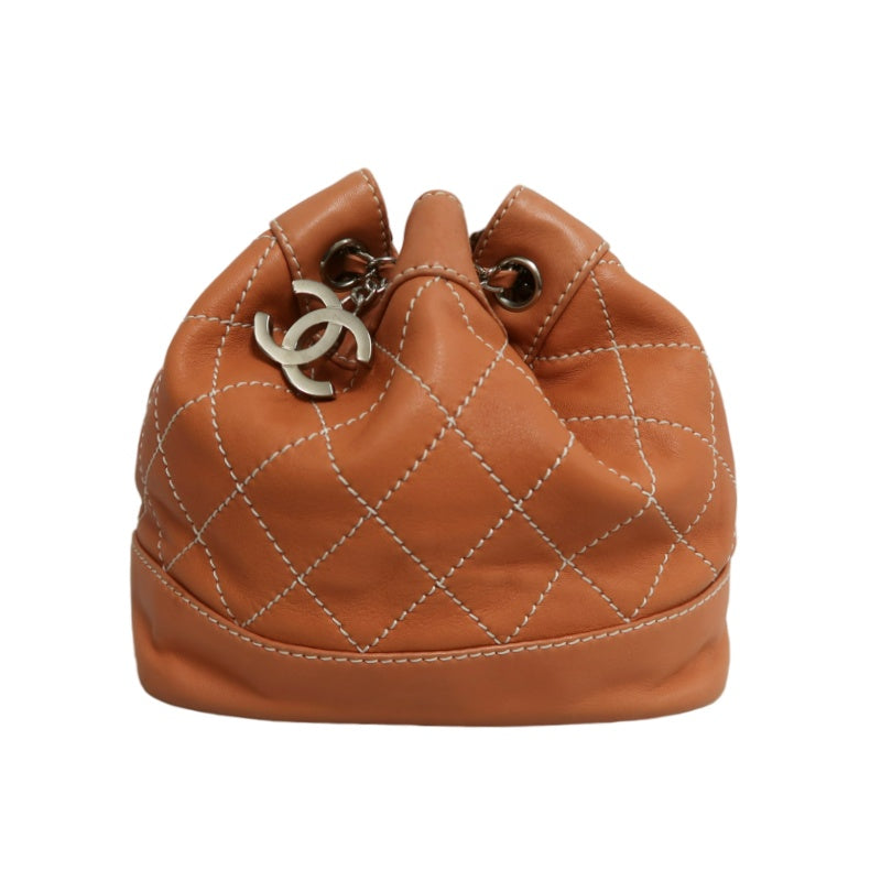 CHANEL Classic Matelasse Wild Stitch Orange Calfskin Leather Quilted Drawstring Bucket Shoulder Bag With Silver Hardware