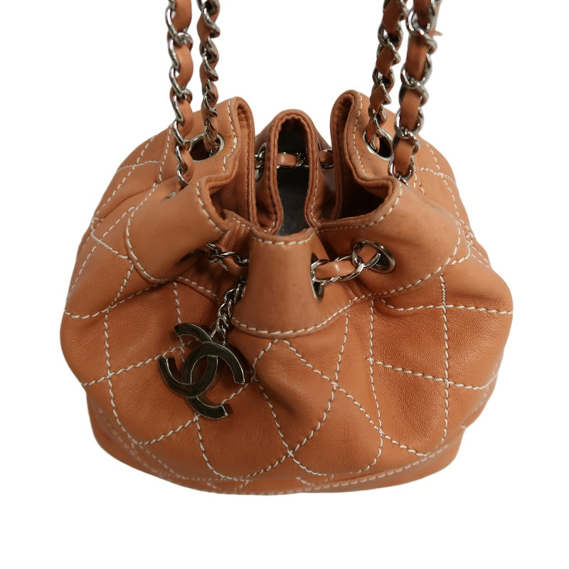CHANEL Classic Matelasse Wild Stitch Orange Calfskin Leather Quilted Drawstring Bucket Shoulder Bag With Silver Hardware