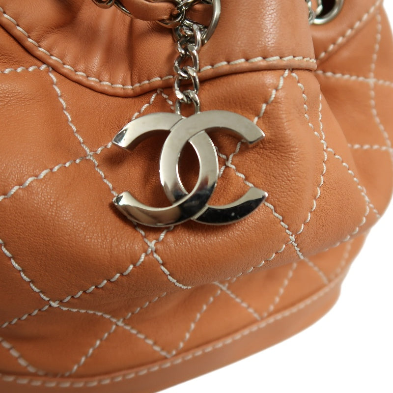 CHANEL Classic Matelasse Wild Stitch Orange Calfskin Leather Quilted Drawstring Bucket Shoulder Bag With Silver Hardware