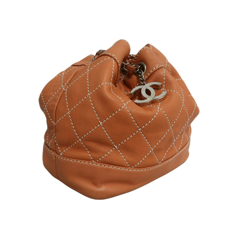 CHANEL Classic Matelasse Wild Stitch Orange Calfskin Leather Quilted Drawstring Bucket Shoulder Bag With Silver Hardware