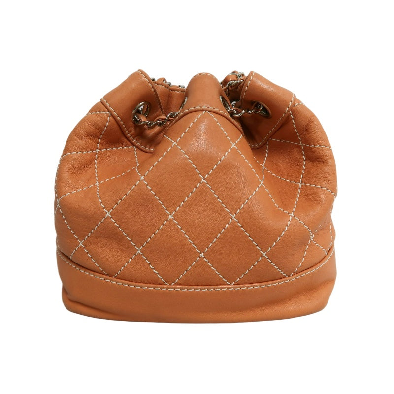 CHANEL Classic Matelasse Wild Stitch Orange Calfskin Leather Quilted Drawstring Bucket Shoulder Bag With Silver Hardware