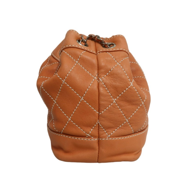 CHANEL Classic Matelasse Wild Stitch Orange Calfskin Leather Quilted Drawstring Bucket Shoulder Bag With Silver Hardware