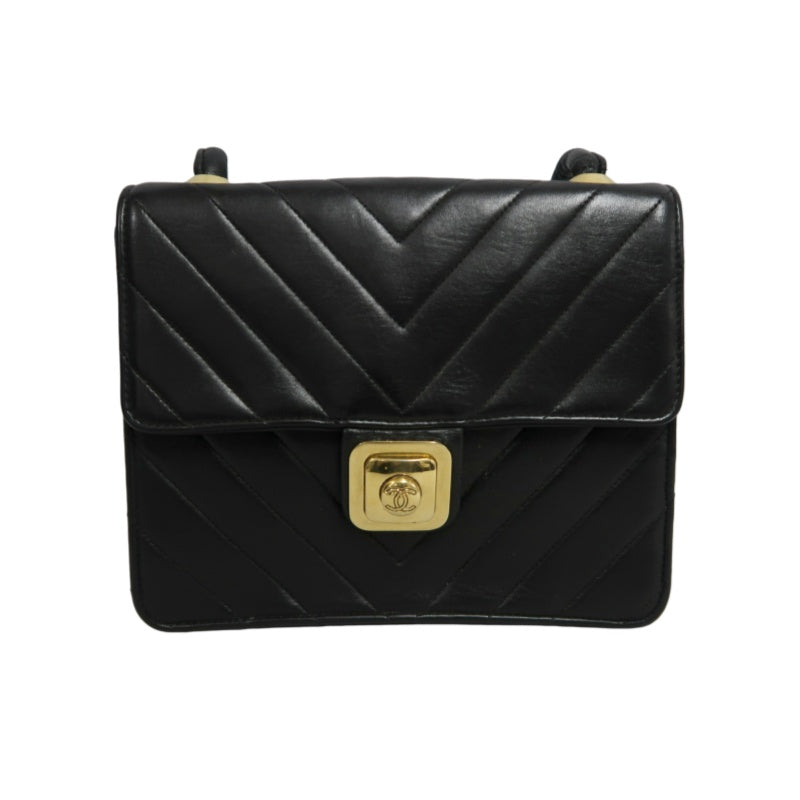 CHANEL Chevron Striped Black Lambskin Leather Flap Crossbody Bag With Gold Hardware