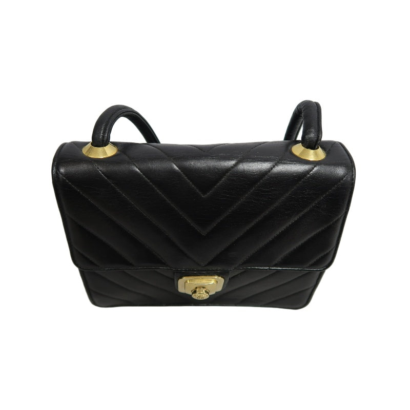 CHANEL Chevron Striped Black Lambskin Leather Flap Crossbody Bag With Gold Hardware