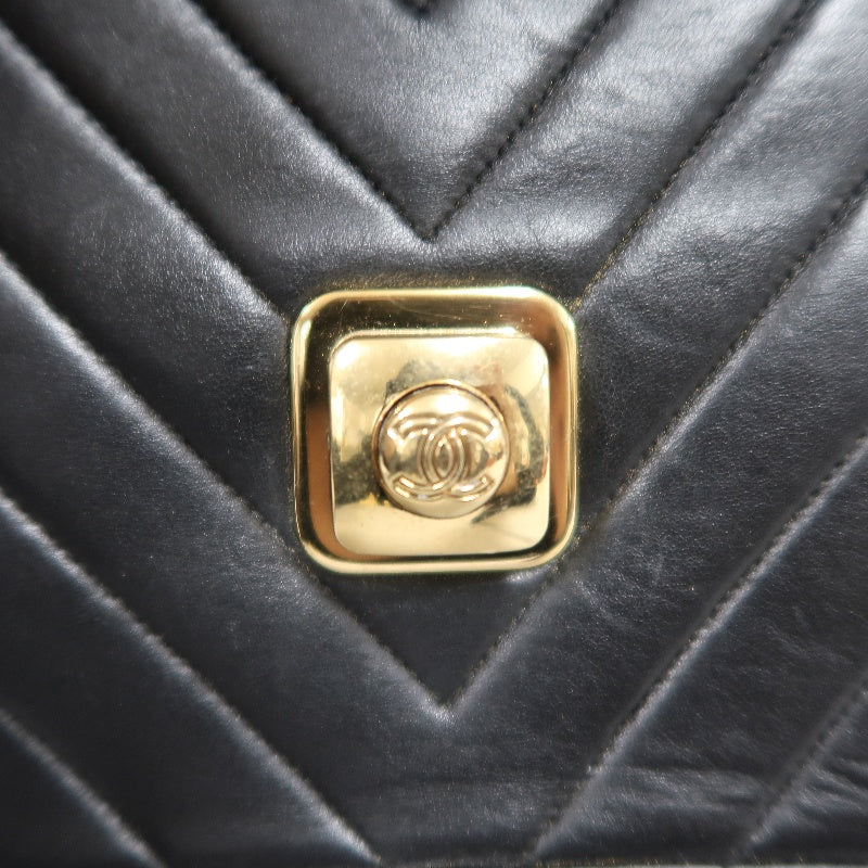 CHANEL Chevron Striped Black Lambskin Leather Flap Crossbody Bag With Gold Hardware