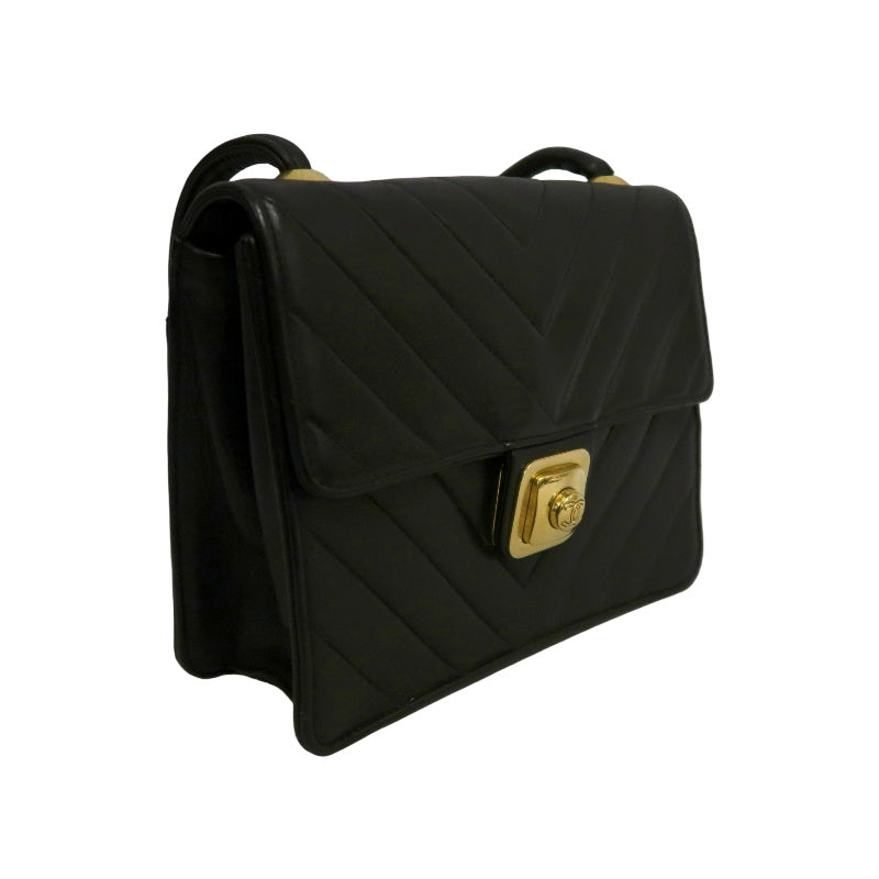 CHANEL Chevron Striped Black Lambskin Leather Flap Crossbody Bag With Gold Hardware