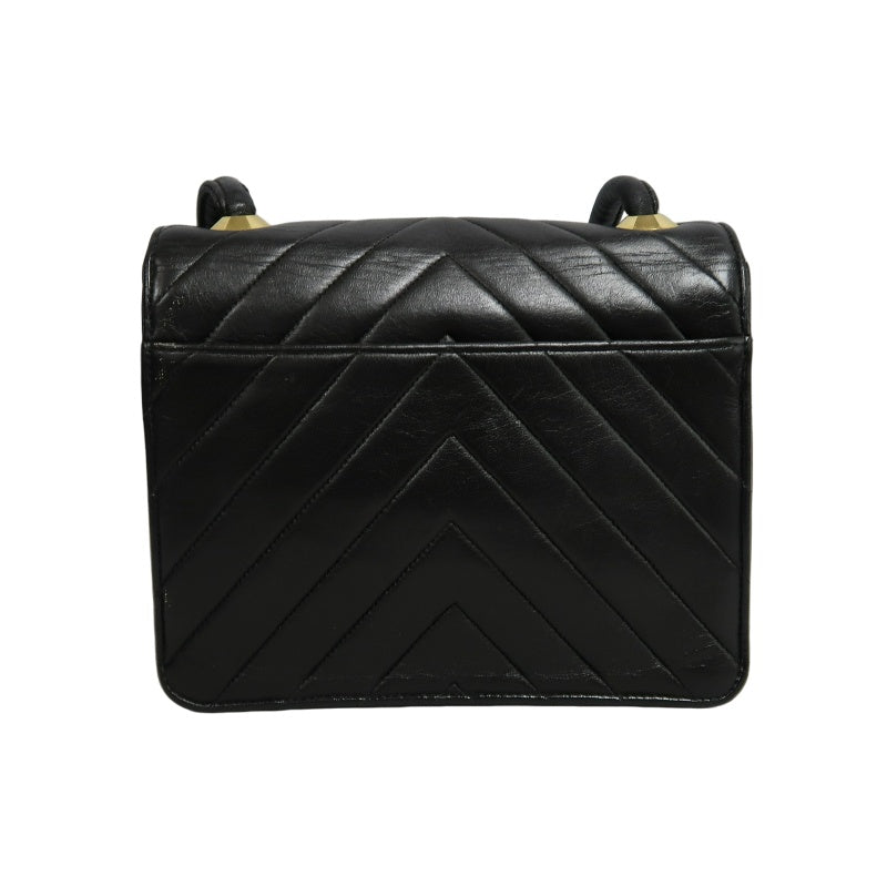 CHANEL Chevron Striped Black Lambskin Leather Flap Crossbody Bag With Gold Hardware