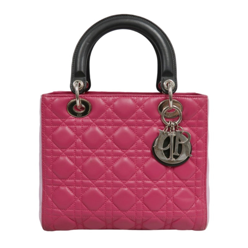 DIOR  Lady Dior Cannage Pink Lambskin Leather 5-grid Handle Handbag With Silver Hardware