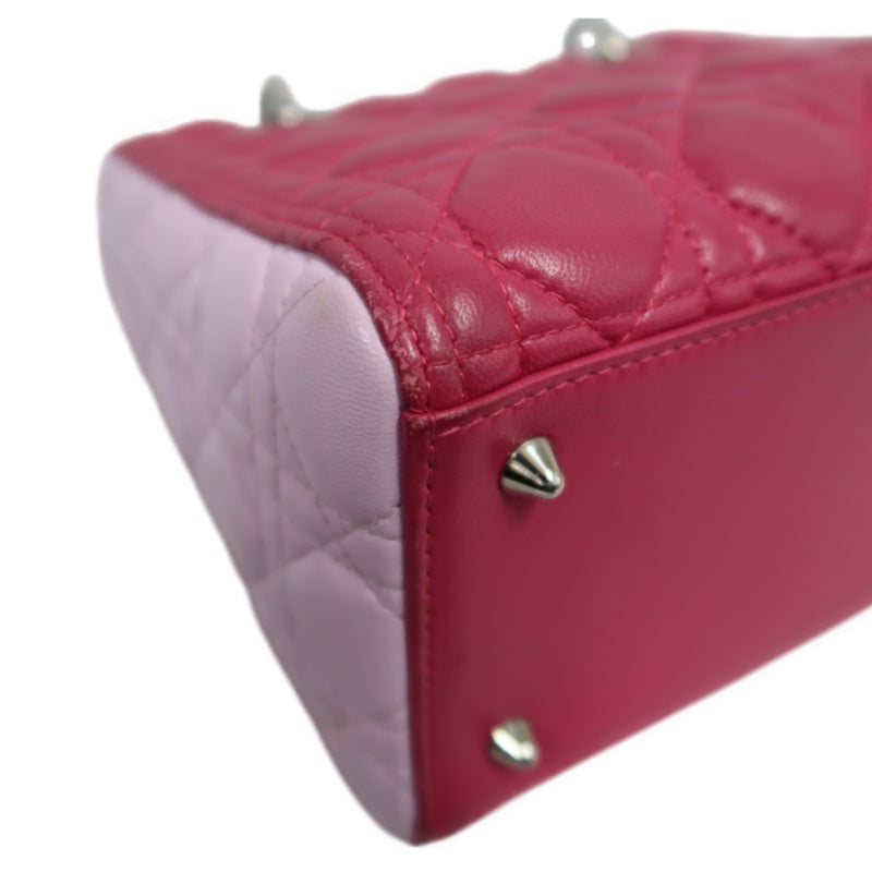 DIOR  Lady Dior Cannage Pink Lambskin Leather 5-grid Handle Handbag With Silver Hardware
