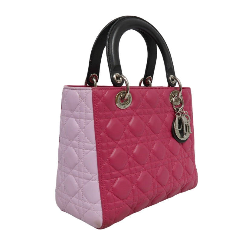 DIOR  Lady Dior Cannage Pink Lambskin Leather 5-grid Handle Handbag With Silver Hardware