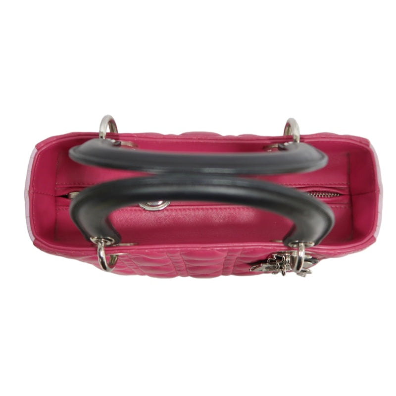 DIOR  Lady Dior Cannage Pink Lambskin Leather 5-grid Handle Handbag With Silver Hardware