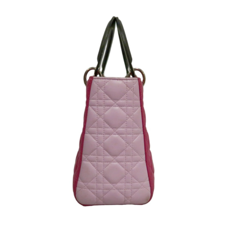 DIOR  Lady Dior Cannage Pink Lambskin Leather 5-grid Handle Handbag With Silver Hardware