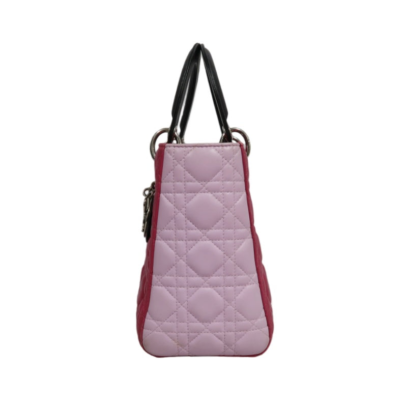 DIOR  Lady Dior Cannage Pink Lambskin Leather 5-grid Handle Handbag With Silver Hardware