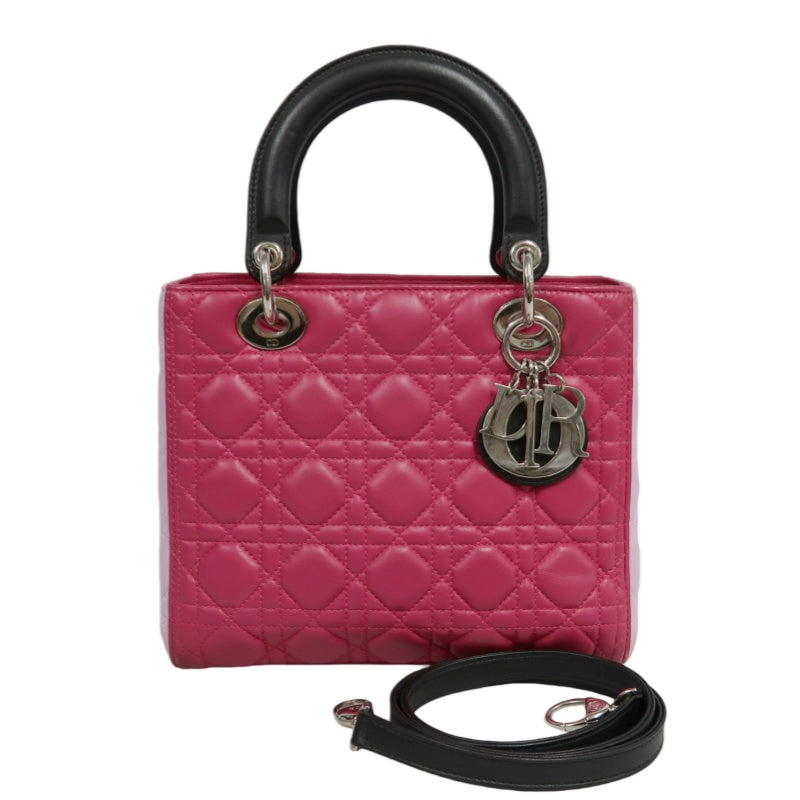 DIOR  Lady Dior Cannage Pink Lambskin Leather 5-grid Handle Handbag With Silver Hardware