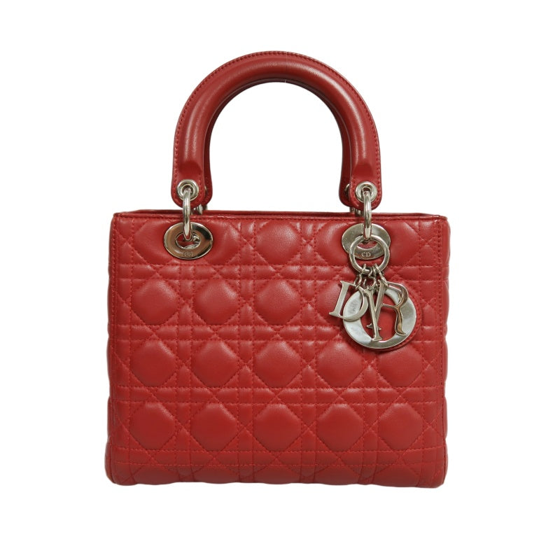 DIOR Lady Dior Cannage Red Lambskin Leather 5-grid Handle Handbag With Silver Hardware