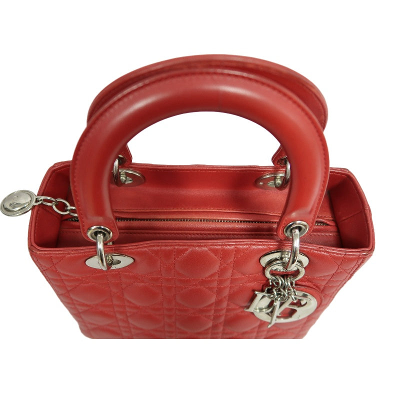 DIOR Lady Dior Cannage Red Lambskin Leather 5-grid Handle Handbag With Silver Hardware