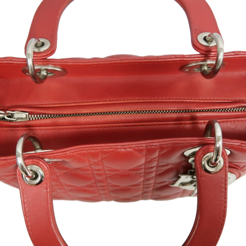 DIOR Lady Dior Cannage Red Lambskin Leather 5-grid Handle Handbag With Silver Hardware