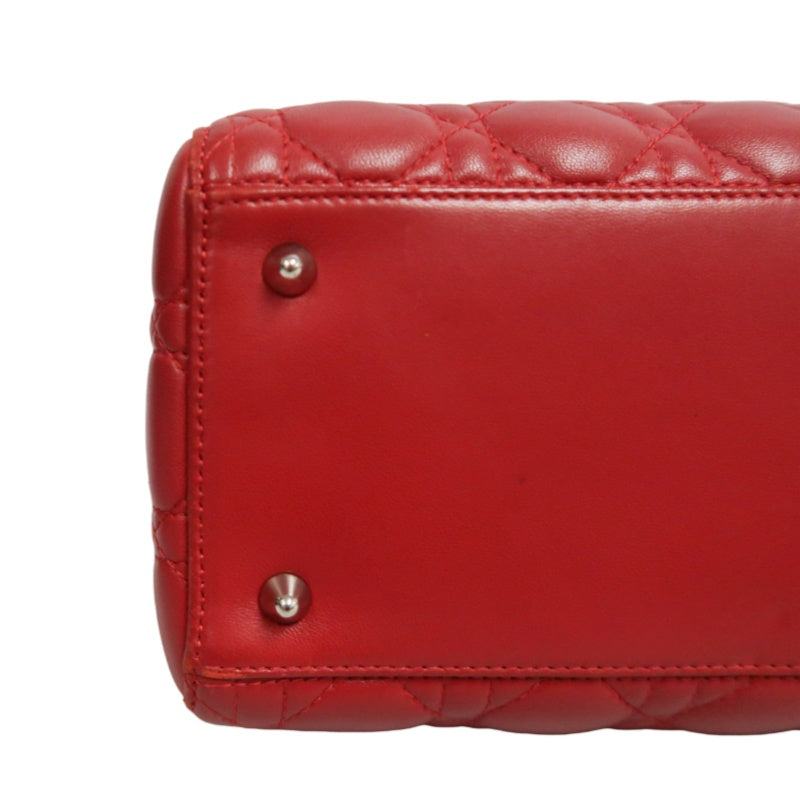 DIOR Lady Dior Cannage Red Lambskin Leather 5-grid Handle Handbag With Silver Hardware