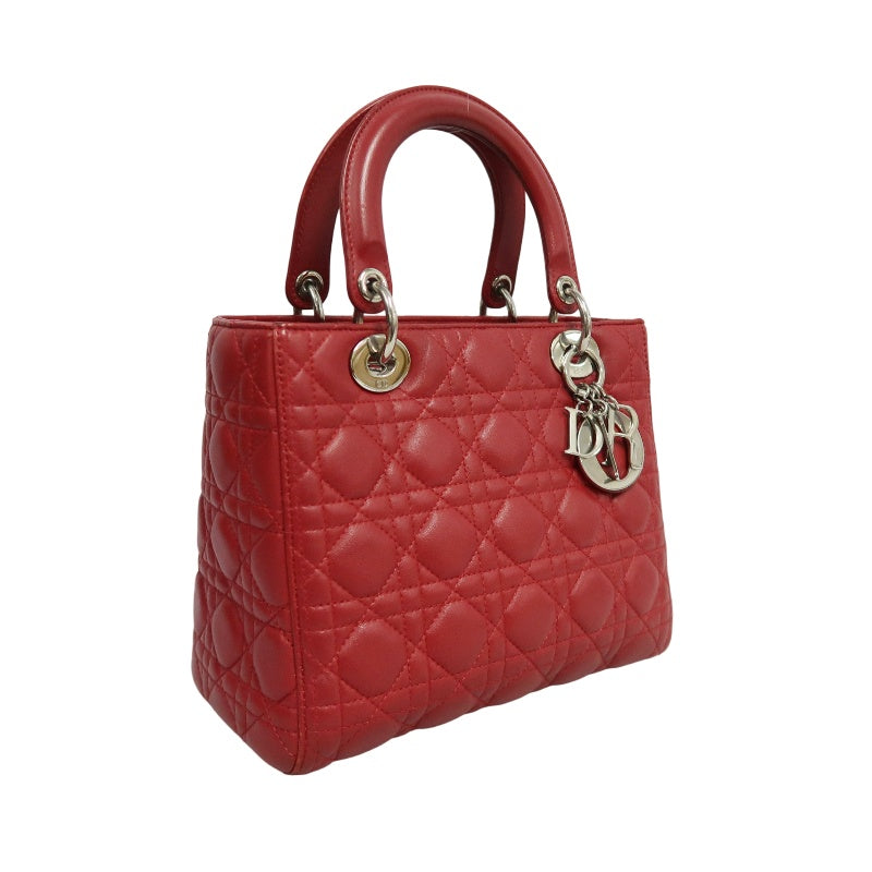 DIOR Lady Dior Cannage Red Lambskin Leather 5-grid Handle Handbag With Silver Hardware