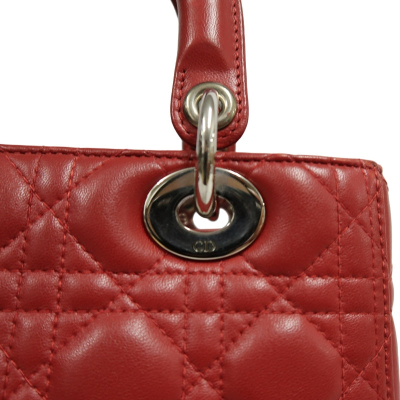 DIOR Lady Dior Cannage Red Lambskin Leather 5-grid Handle Handbag With Silver Hardware