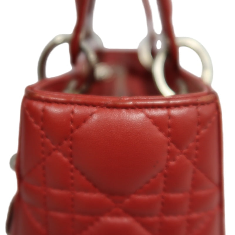 DIOR Lady Dior Cannage Red Lambskin Leather 5-grid Handle Handbag With Silver Hardware