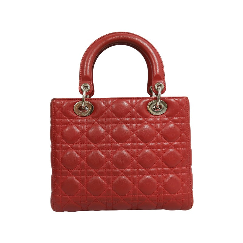 DIOR Lady Dior Cannage Red Lambskin Leather 5-grid Handle Handbag With Silver Hardware