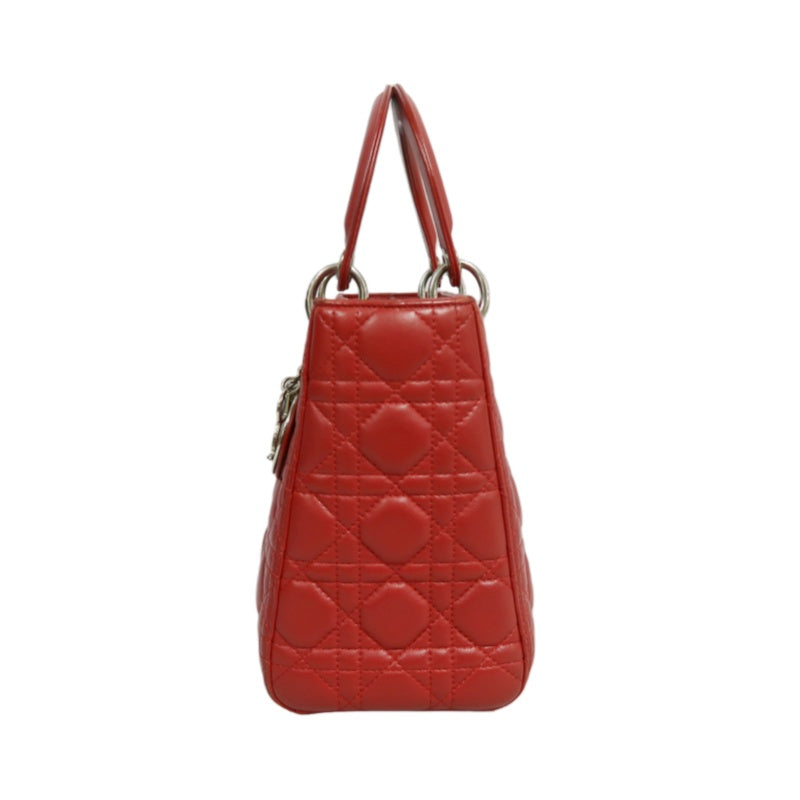 DIOR Lady Dior Cannage Red Lambskin Leather 5-grid Handle Handbag With Silver Hardware