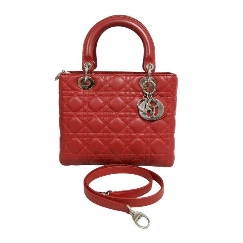 DIOR Lady Dior Cannage Red Lambskin Leather 5-grid Handle Handbag With Silver Hardware