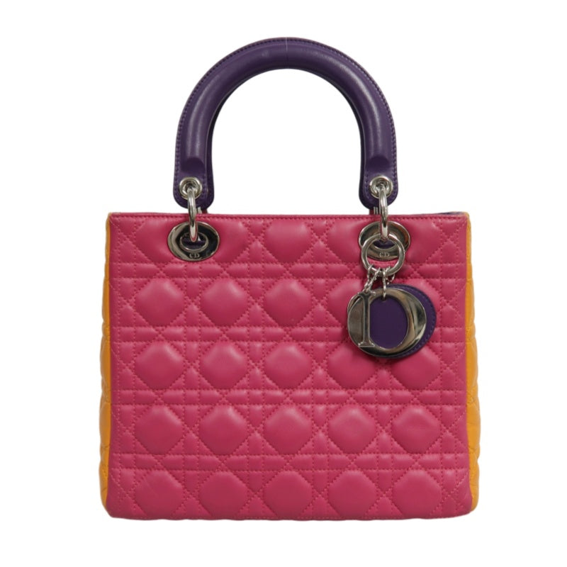 DIOR Colorblock Pink Purple Orange Lambskin Cannage 5-Grid Lady Dior Handbag With Silver Hardwar